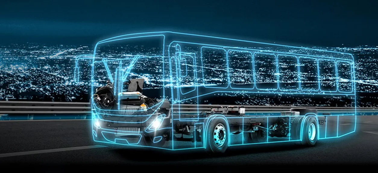 Mercedes-Benz bus chassis visualised beneath a complete passenger bus body