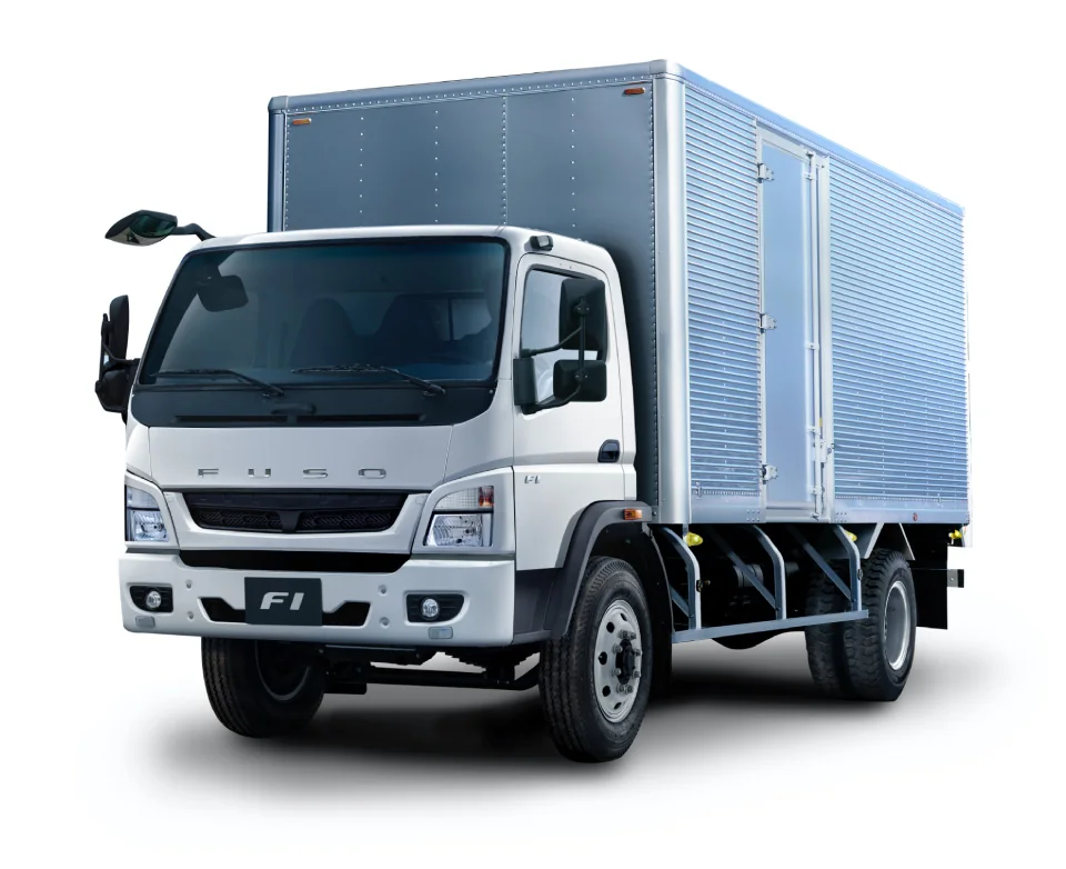 White FUSO FI distribution truck fitted with a cargo box body